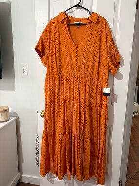 ELOQUII Orange Eyelet Tiered Midi Dress